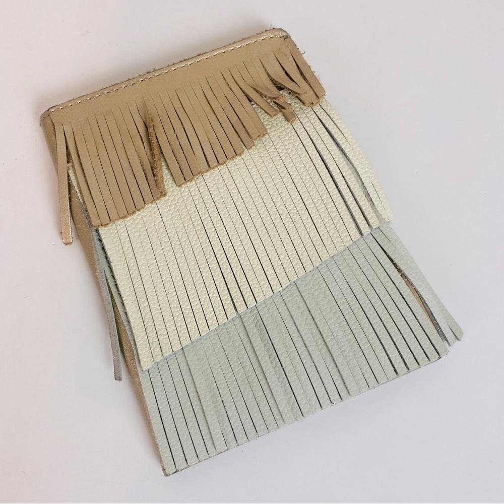 Anthropologie Metallic Gold/White/Grey Leather Fringe Passport Holder 5.5” x 4”